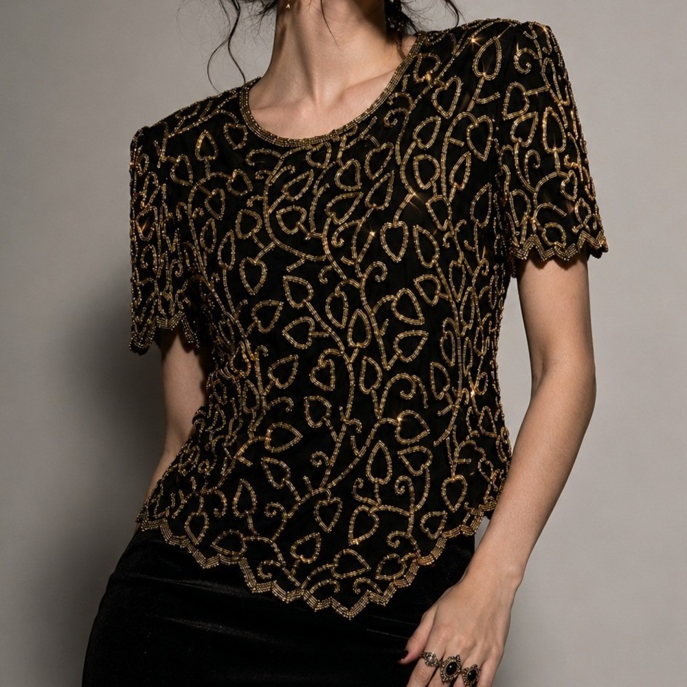 Vintage Laurence Kazar Silk Beaded Top Black Gold‎ Glam Whimsigoth S M Gatsby